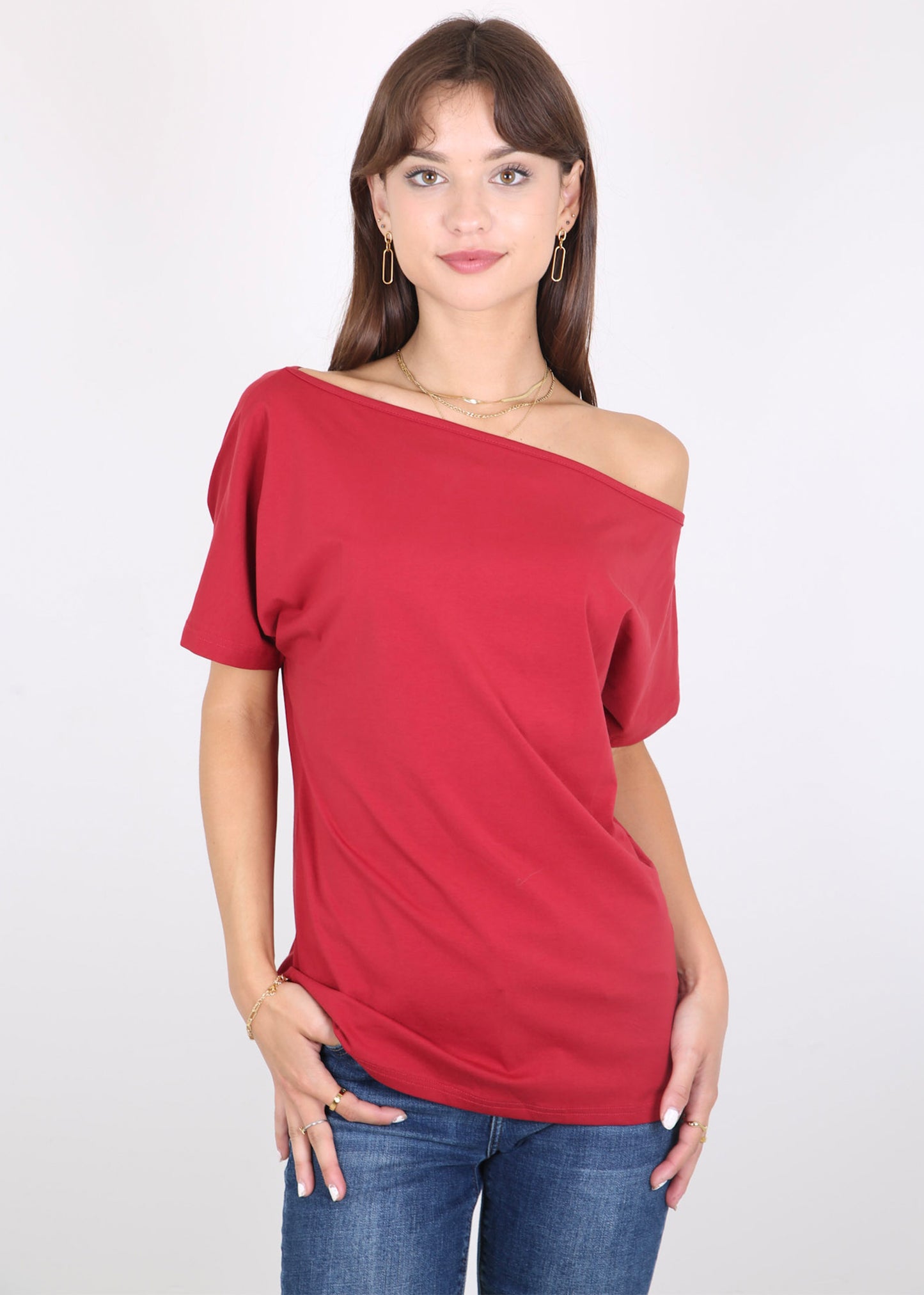 Blusa informal sexy con hombros descubiertos y elástica de algodón liso para mujer