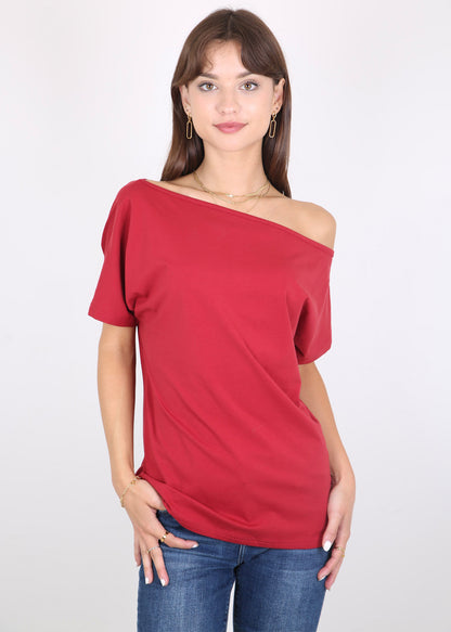 Blusa informal sexy con hombros descubiertos y elástica de algodón liso para mujer