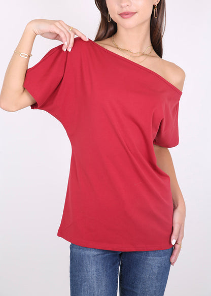 Blusa informal sexy con hombros descubiertos y elástica de algodón liso para mujer