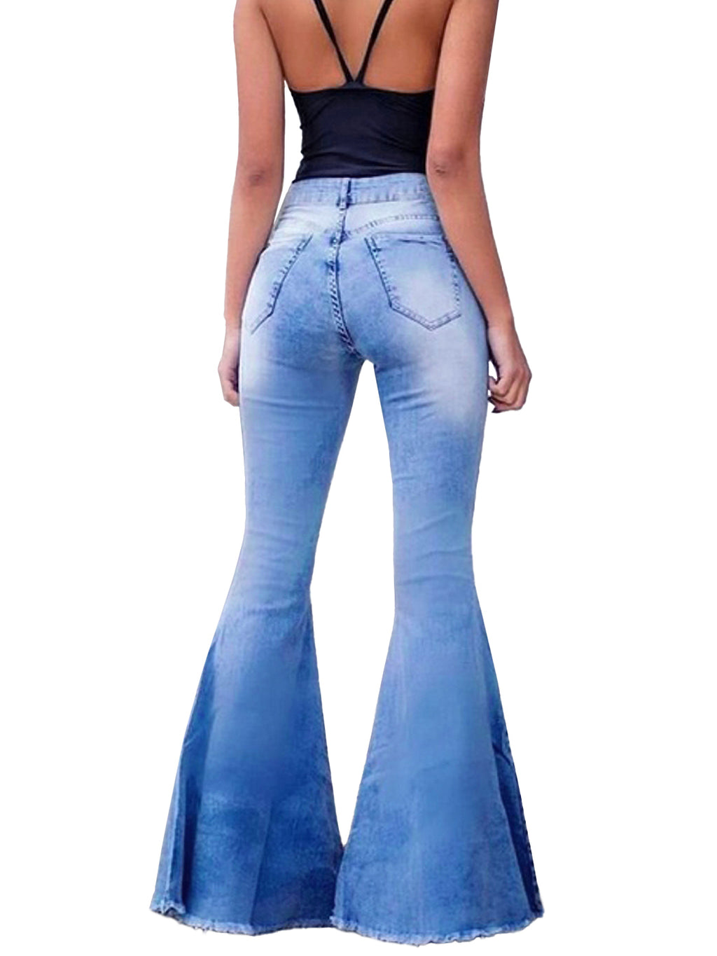 Jeans de mezclilla acampanados largos con cintura elástica y desgastados