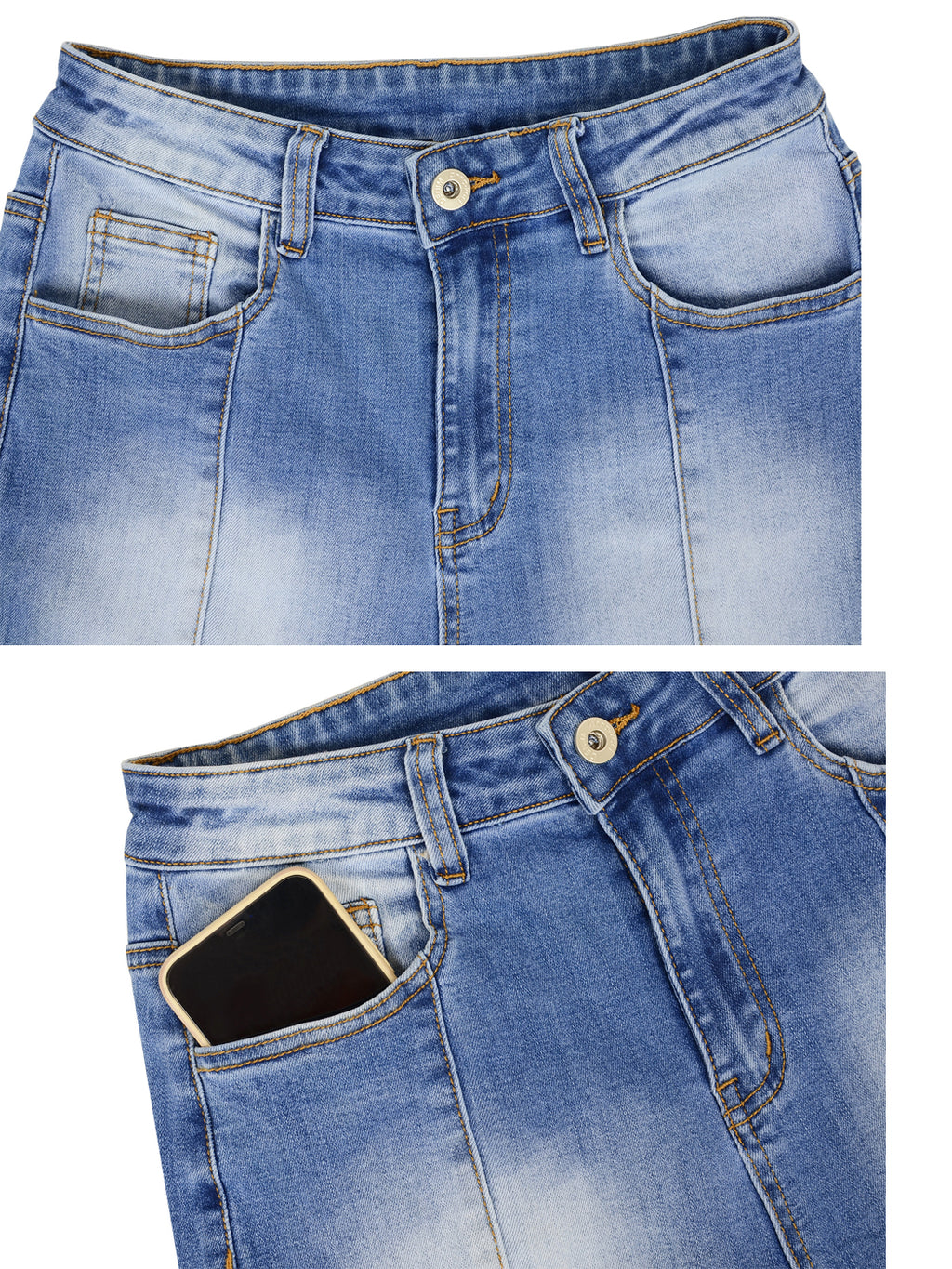 Jeans de mezclilla acampanados largos con cintura elástica y desgastados