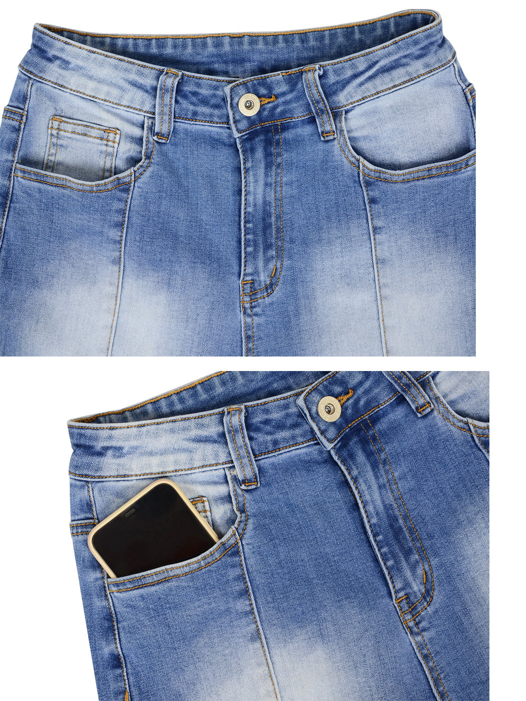 Jeans de mezclilla acampanados largos con cintura elástica y desgastados