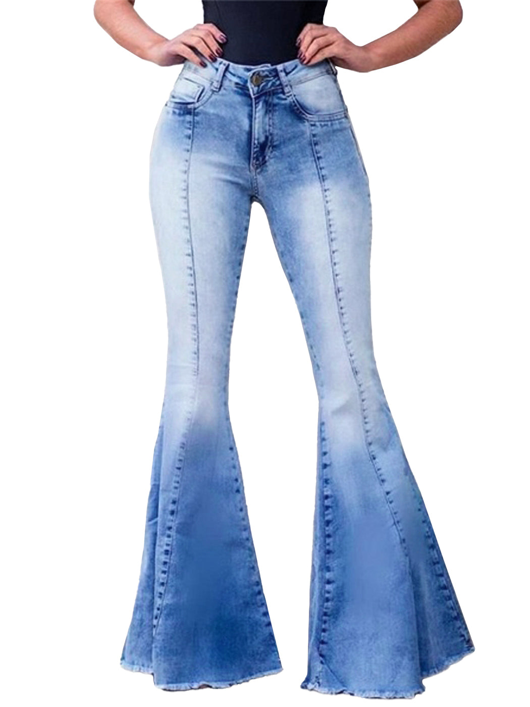 Jeans de mezclilla acampanados largos con cintura elástica y desgastados