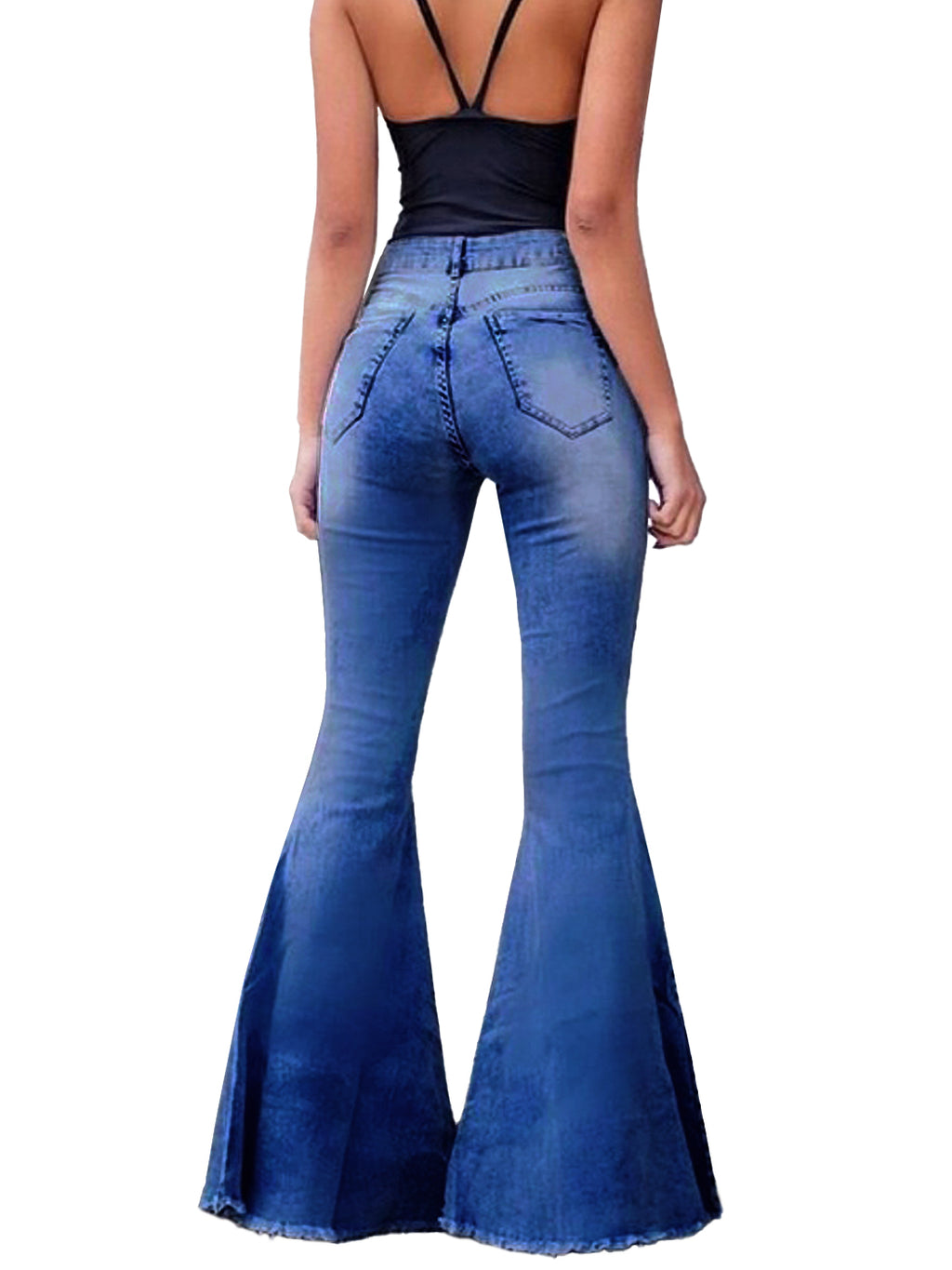 Jeans de mezclilla acampanados largos con cintura elástica y desgastados