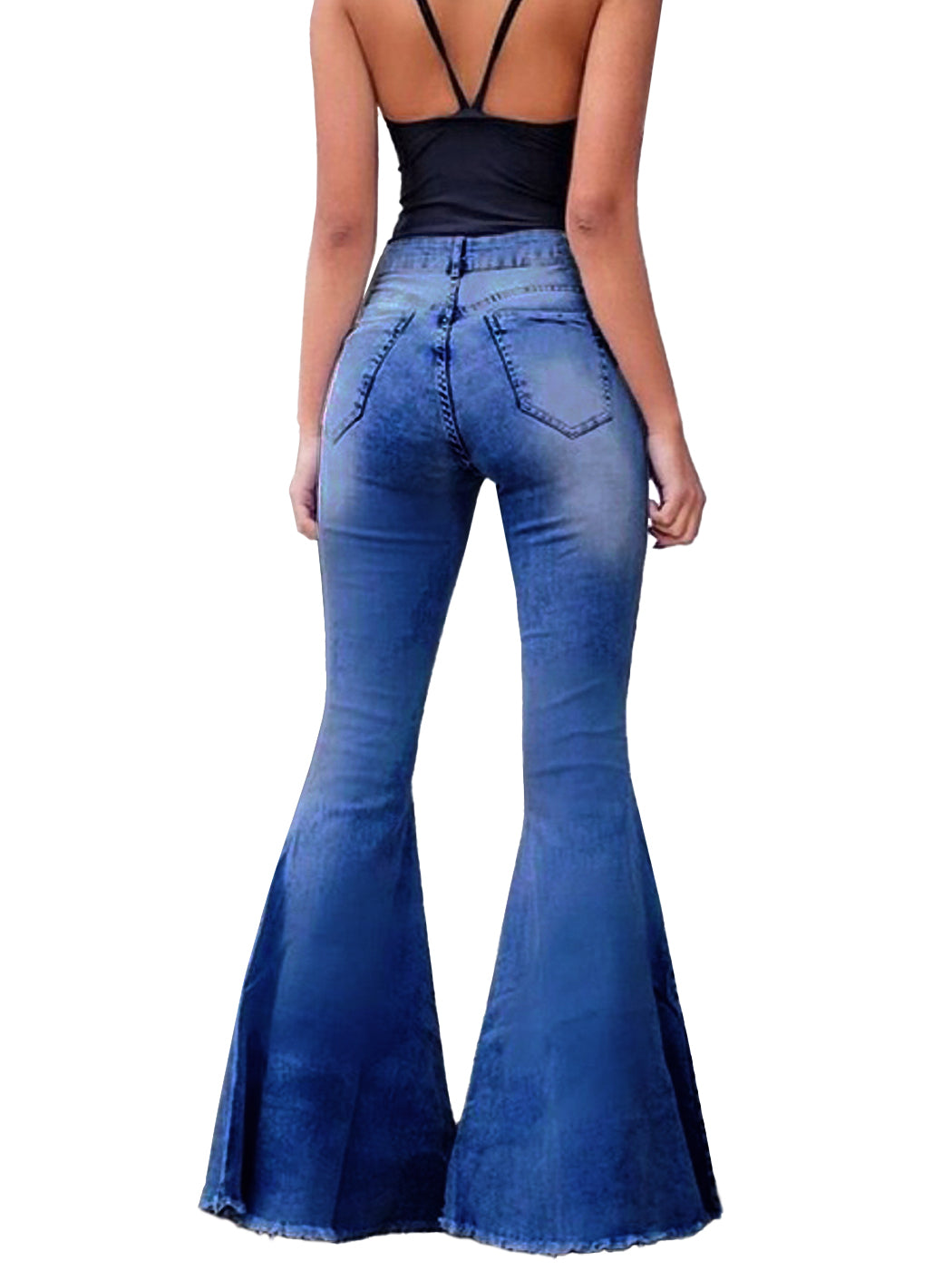 Jeans de mezclilla acampanados largos con cintura elástica y desgastados
