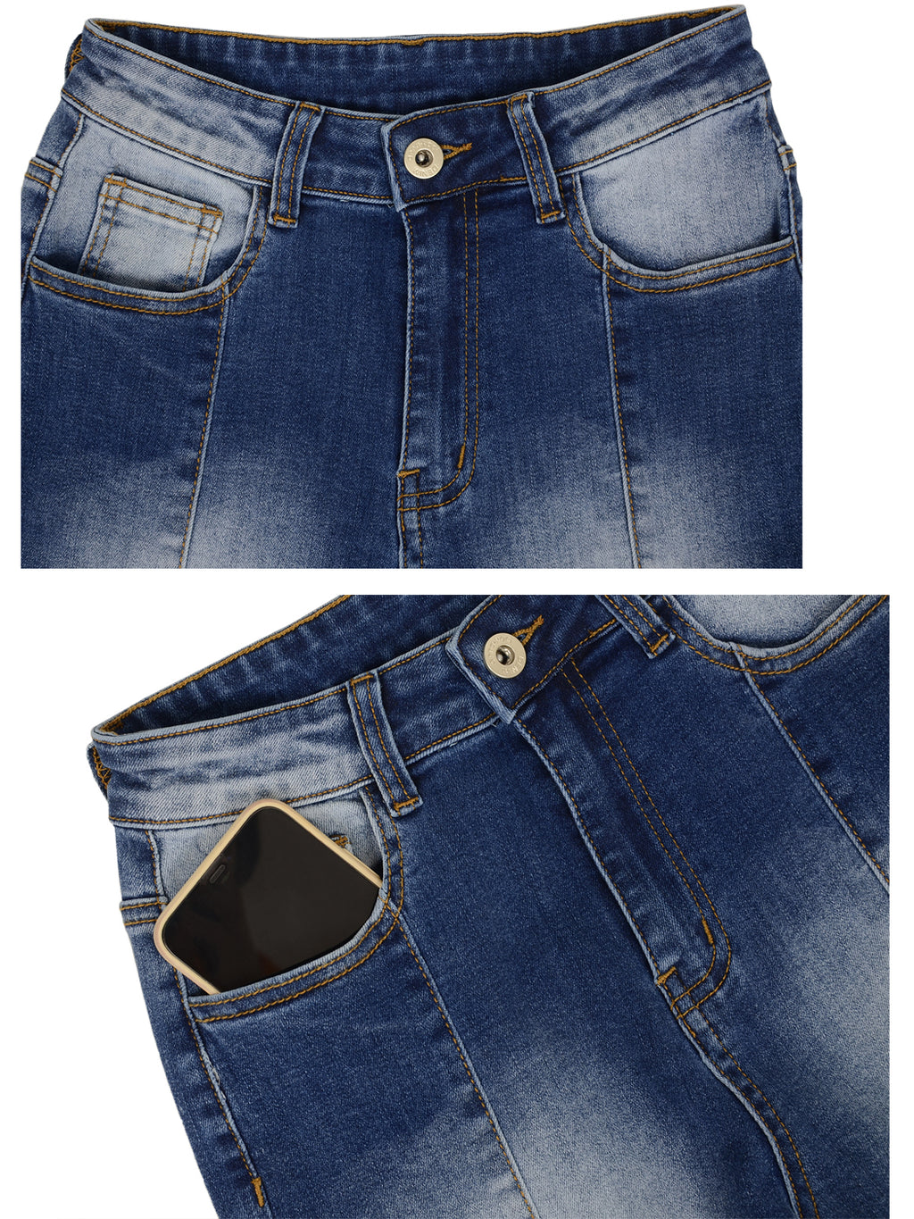 Jeans de mezclilla acampanados largos con cintura elástica y desgastados