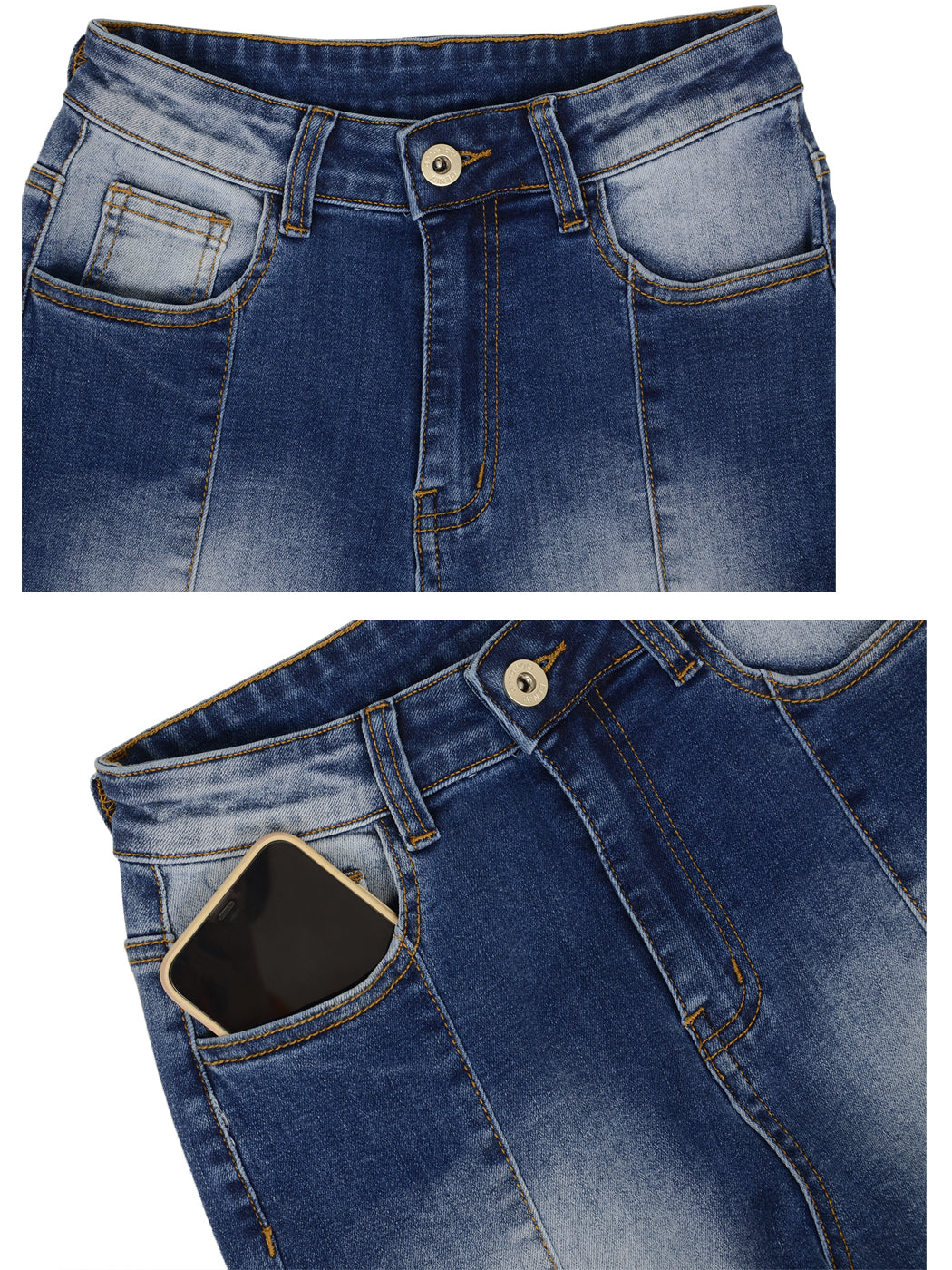 Jeans de mezclilla acampanados largos con cintura elástica y desgastados