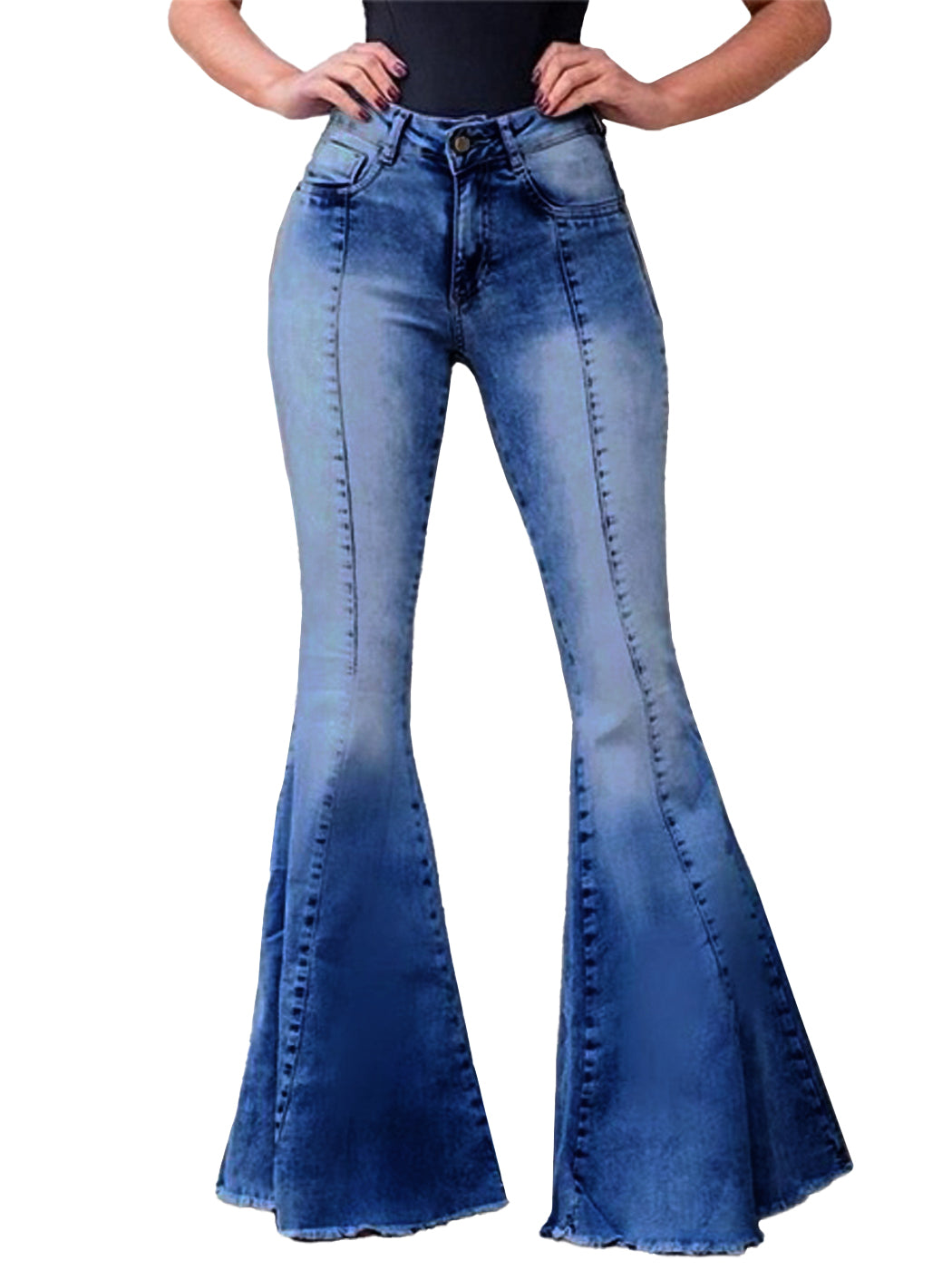 Jeans de mezclilla acampanados largos con cintura elástica y desgastados