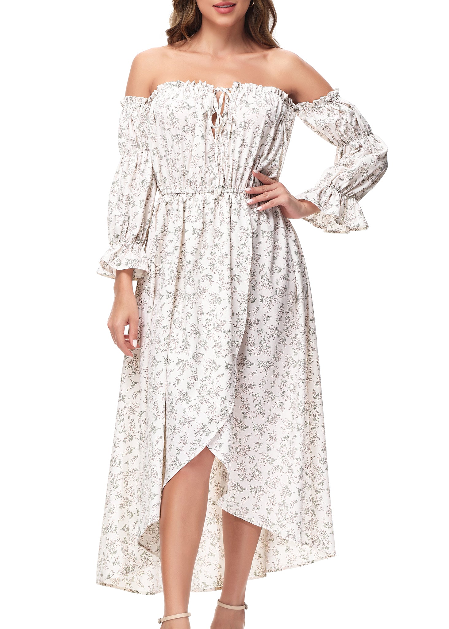 Vestido renacentista informal de manga larga con hombros descubiertos y estilo bohemio