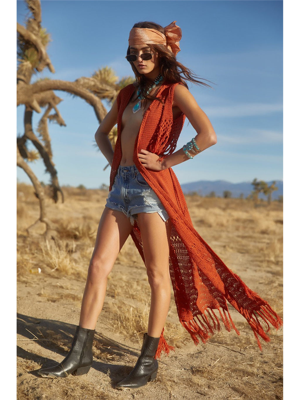 Traje de baño tipo kimono de punto a crochet con flecos largos estilo bohemio de Anna-Kaci 