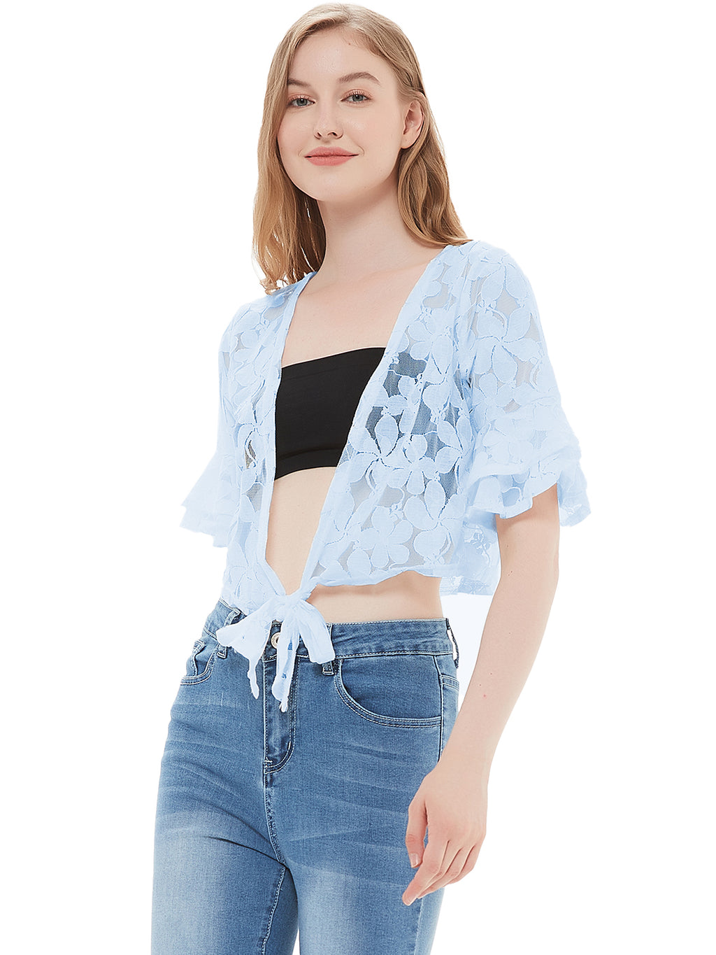 Bolero corto de manga corta con encaje floral de crochet