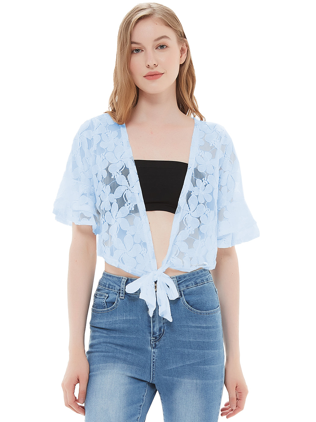 Bolero corto de manga corta con encaje floral de crochet
