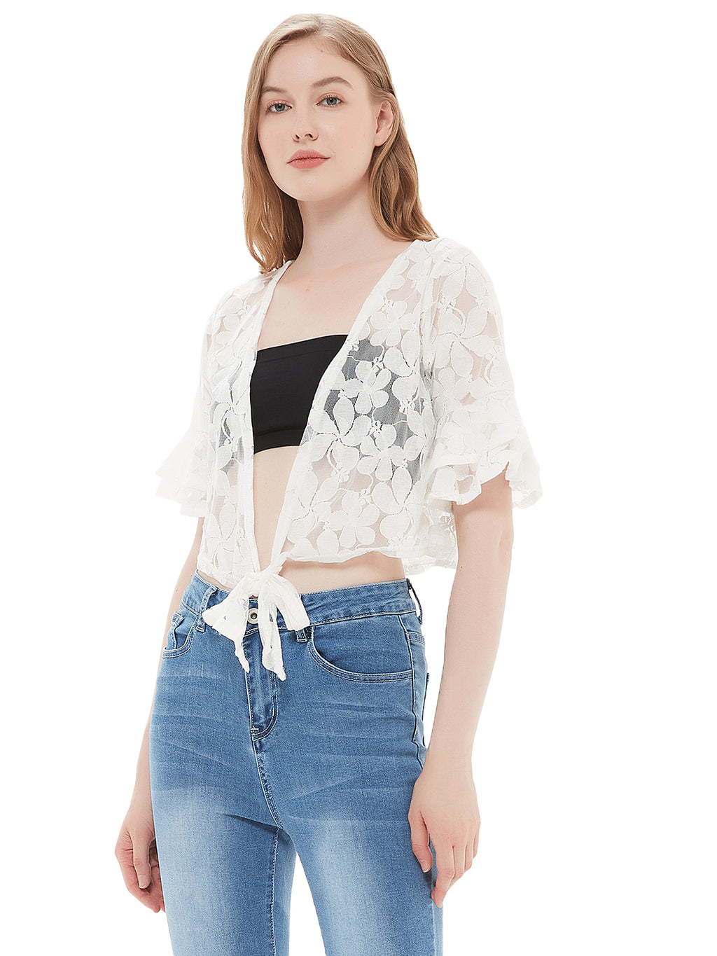 Bolero corto de manga corta con encaje floral de crochet