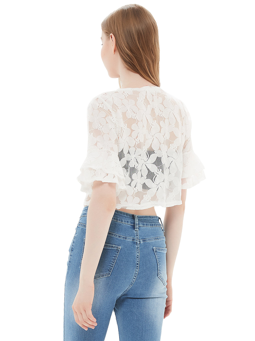Bolero corto de manga corta con encaje floral de crochet