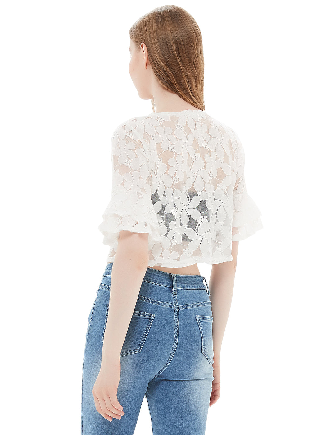 Bolero corto de manga corta con encaje floral de crochet