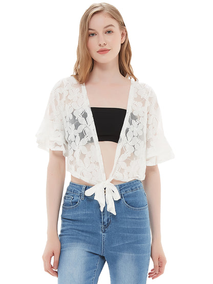 Crochet Floral Lace Short Sleeve Cropped Shrug