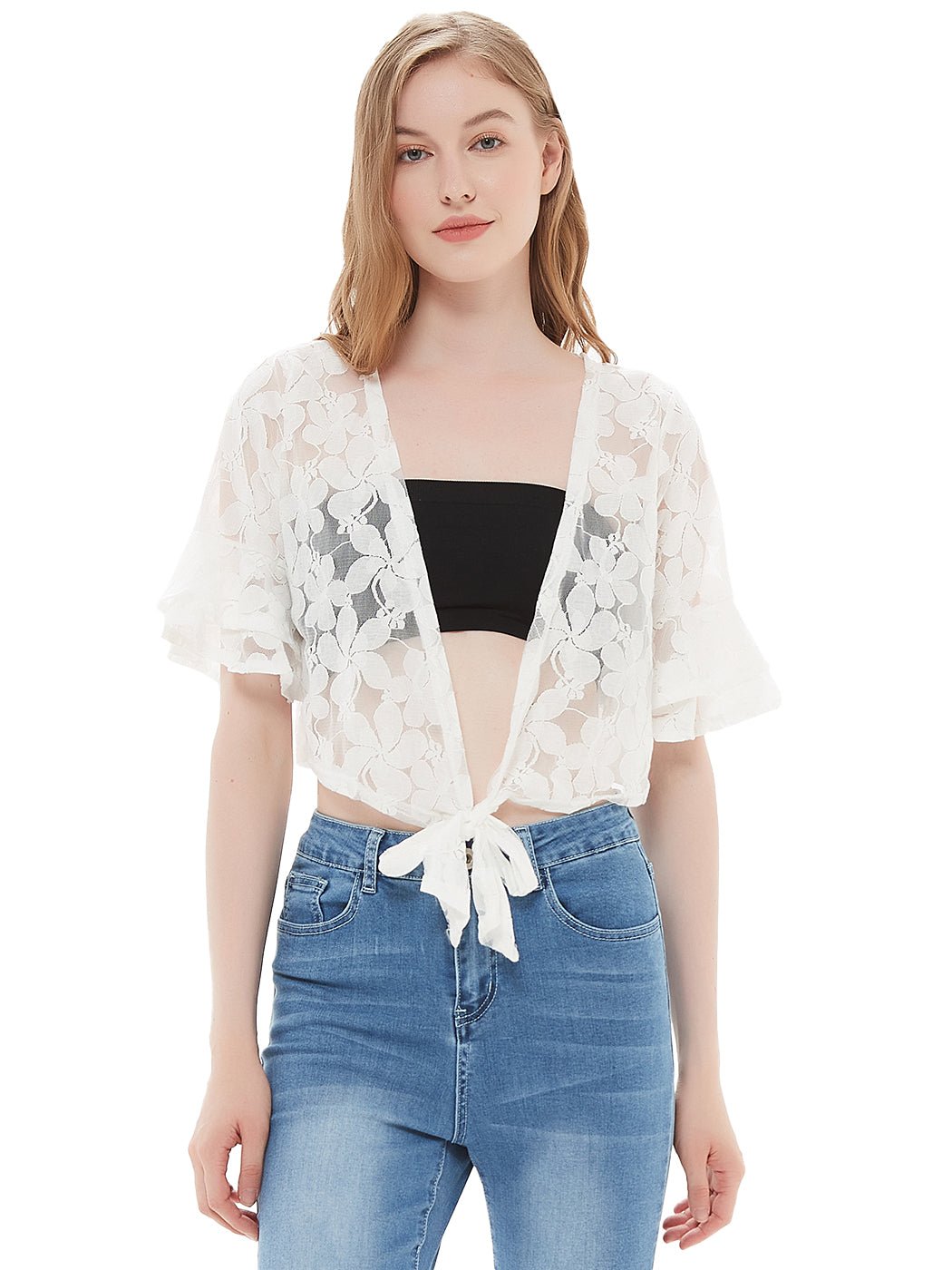 Bolero corto de manga corta con encaje floral de crochet