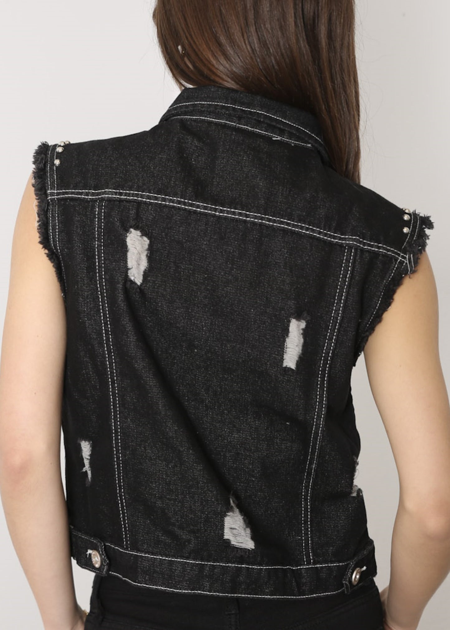 Sleeveless Distressed Denim Jean Jacket Vest