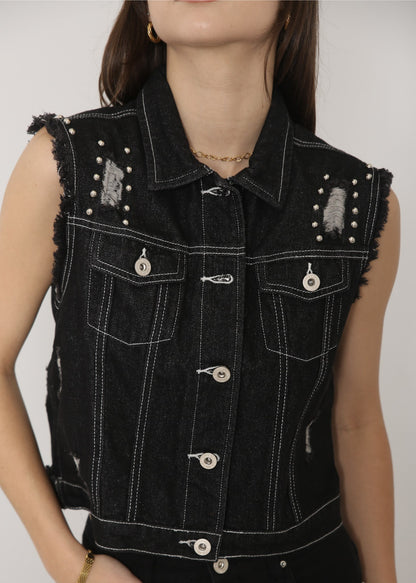 Sleeveless Distressed Denim Jean Jacket Vest