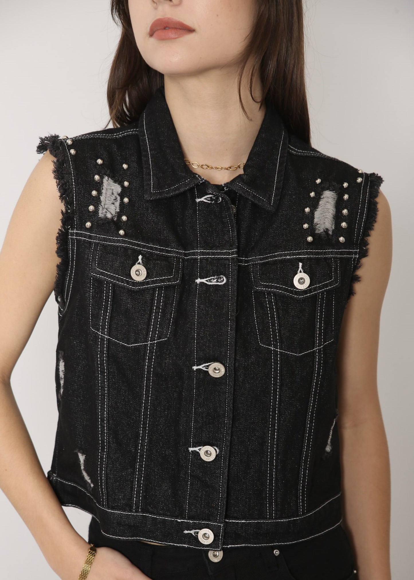 Sleeveless Distressed Denim Jean Jacket Vest