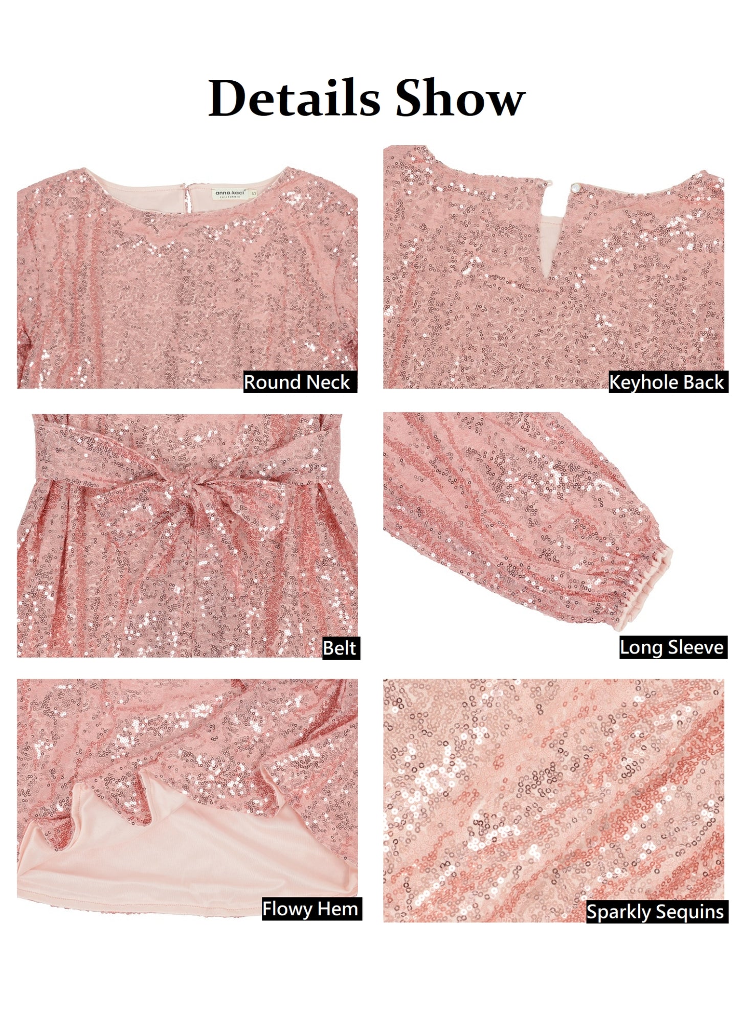 Vestido de fiesta con lentejuelas brillantes para mujer de Anna-Kaci, manga larga, cuello redondo, elegante, holgado, de moda