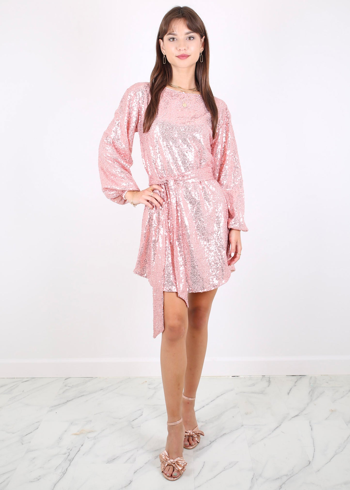 Vestido de fiesta con lentejuelas brillantes para mujer de Anna-Kaci, manga larga, cuello redondo, elegante, holgado, de moda