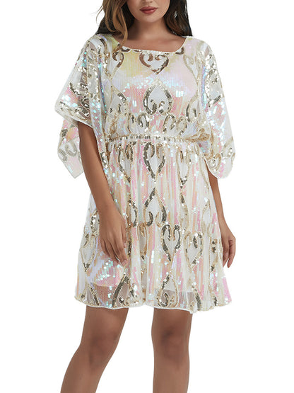 Anna-Kaci Women's Fashion Sequins Half Sleeve Boat Neck Loose Stretch Tunic Blouses Mini Dresses