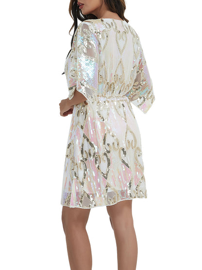 Anna-Kaci Women's Fashion Sequins Half Sleeve Boat Neck Loose Stretch Tunic Blouses Mini Dresses
