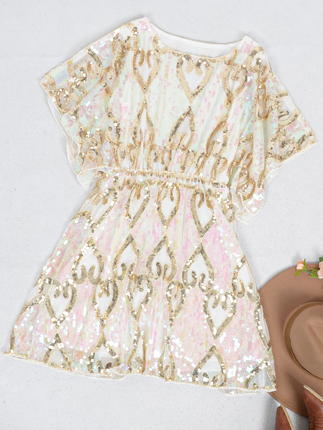 Anna-Kaci Women's Fashion Sequins Half Sleeve Boat Neck Loose Stretch Tunic Blouses Mini Dresses