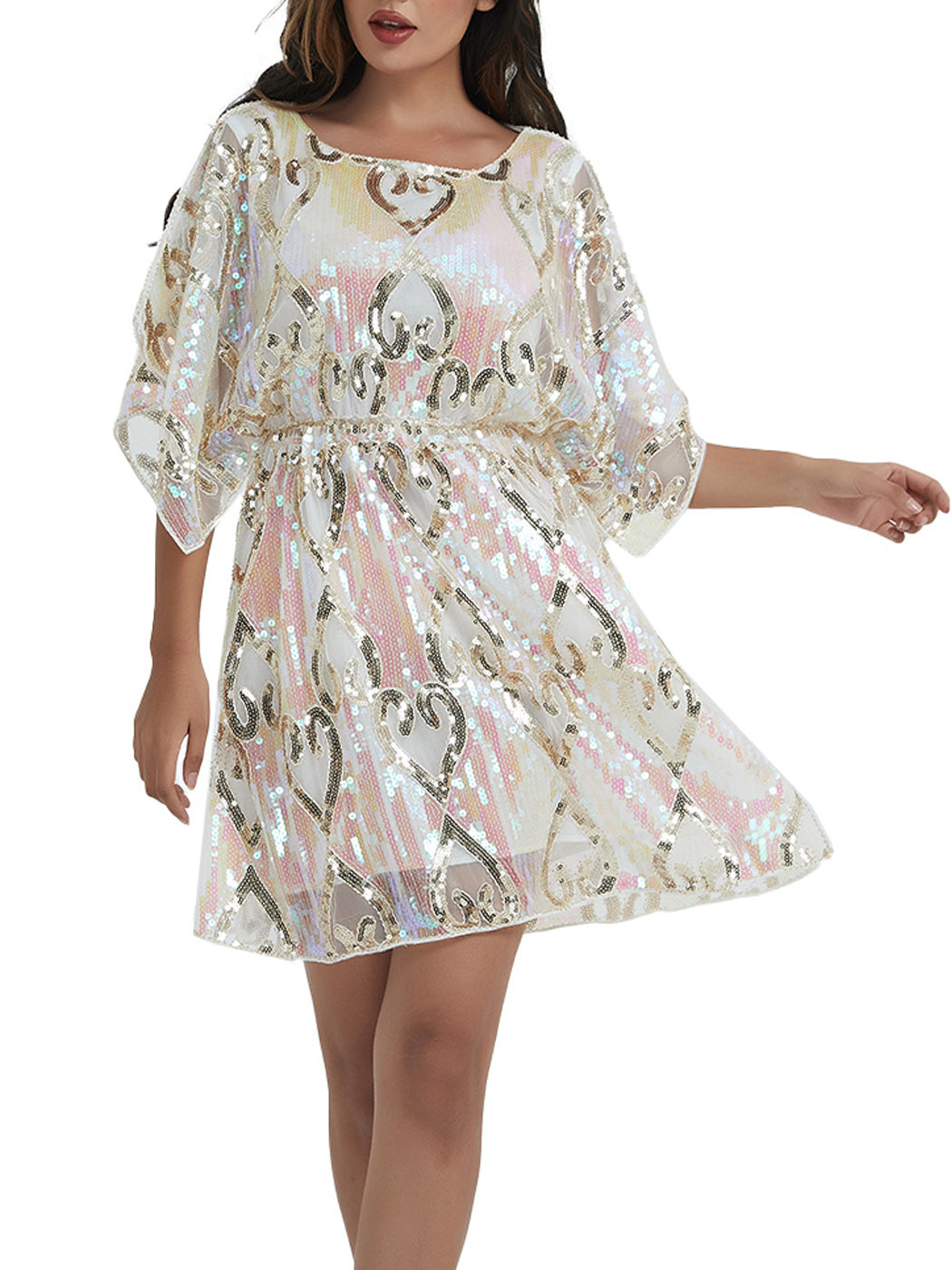 Anna-Kaci Women's Fashion Sequins Half Sleeve Boat Neck Loose Stretch Tunic Blouses Mini Dresses