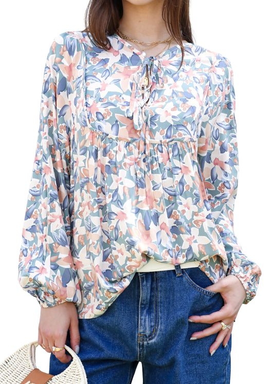 Anna-Kaci Women Summer Boho Ruffle Shirt Drawstring Long Sleeve Flowy Blouse