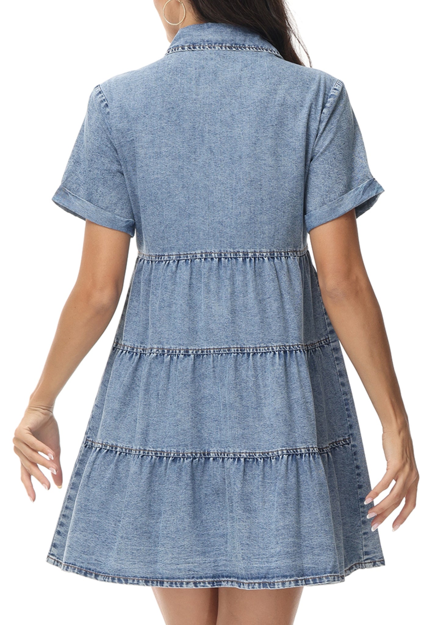 Anna-Kaci Women's Casual Short Sleeve High Waist Button Down Tiered Denim Shirt Dress, Small 4-6 / Blue Anna-Kaci Women's Casual Short Sleeve High Waist Button Down Tiered Denim Shirt Dress, Small 4-6 / Blue