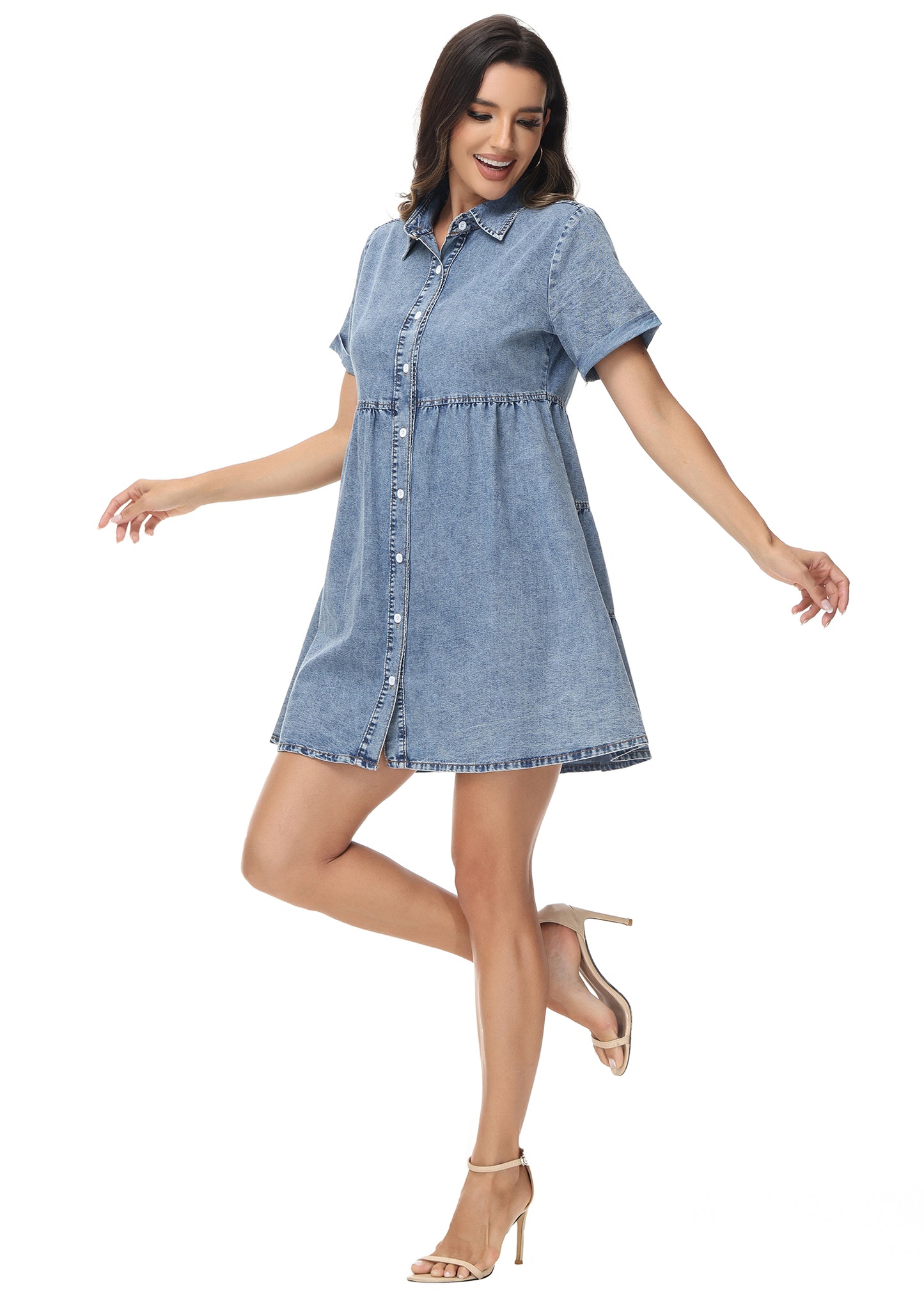 Vestido camisero de mezclilla con botones, cintura alta y manga corta informal para mujer de Anna-Kaci
