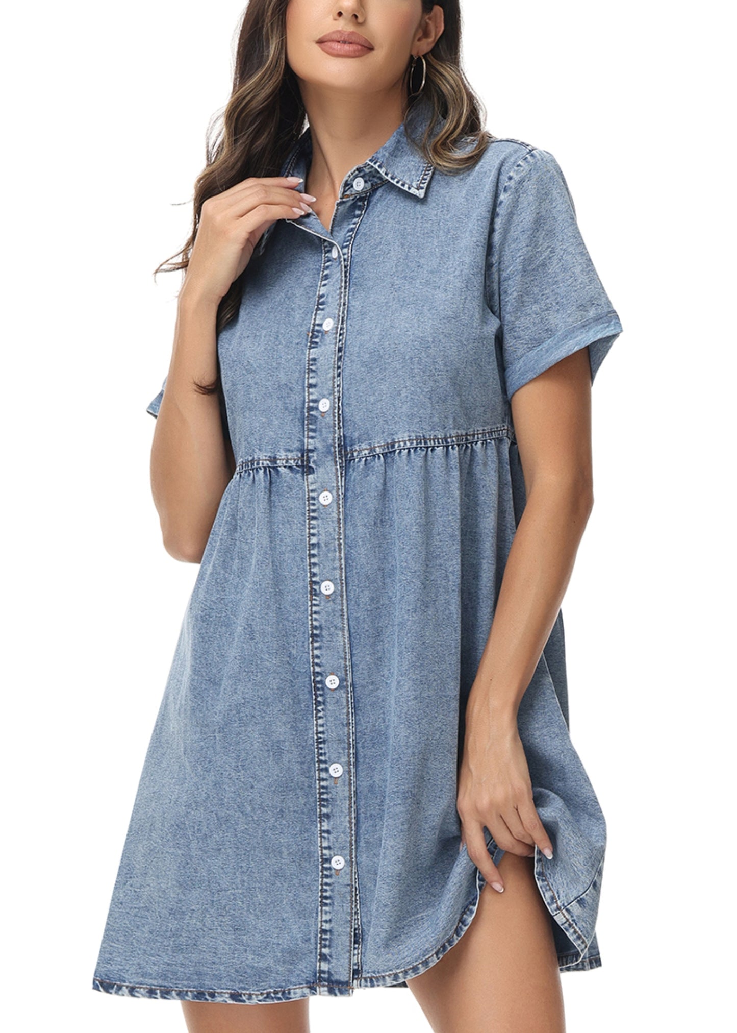Vestido camisero de mezclilla con botones, cintura alta y manga corta informal para mujer de Anna-Kaci