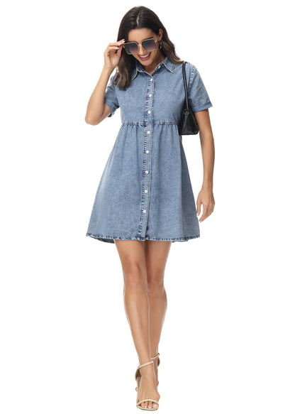 Vestido camisero de mezclilla con botones, cintura alta y manga corta informal para mujer de Anna-Kaci
