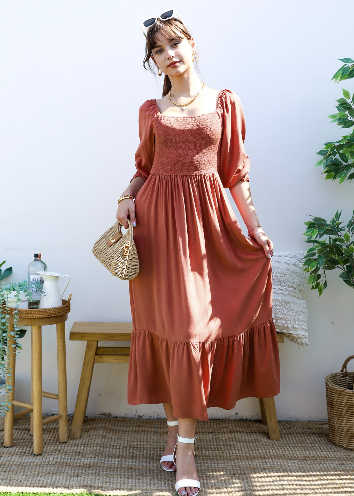 Vestido largo de manga larga con escote cuadrado y dobladillo fruncido para mujer de Anna-Kaci