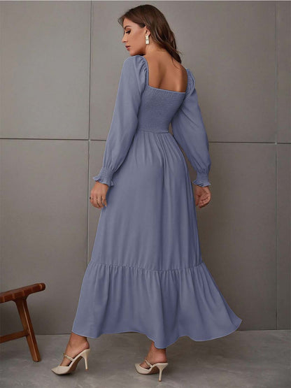 Anna-Kaci Women's Square Neck Shirred Ruffle Hem Long Sleeve Maxi Dress