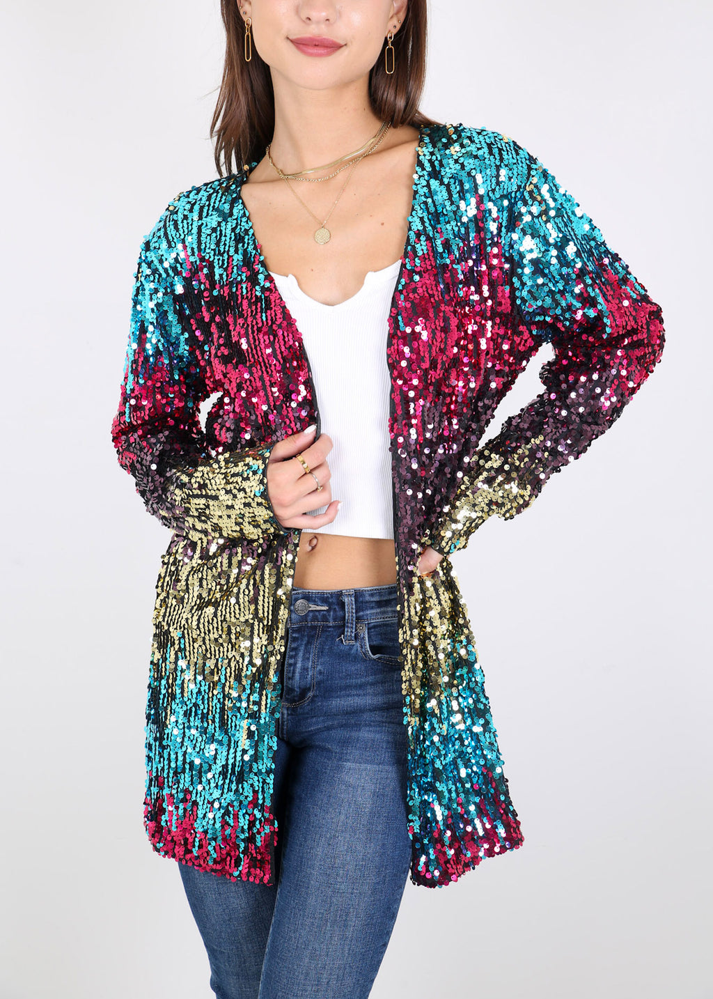 Chaqueta de lentejuelas para mujer de Anna-Kaci, abrigo abierto por delante, blazer, prenda exterior para fiesta, cóctel, cárdigan