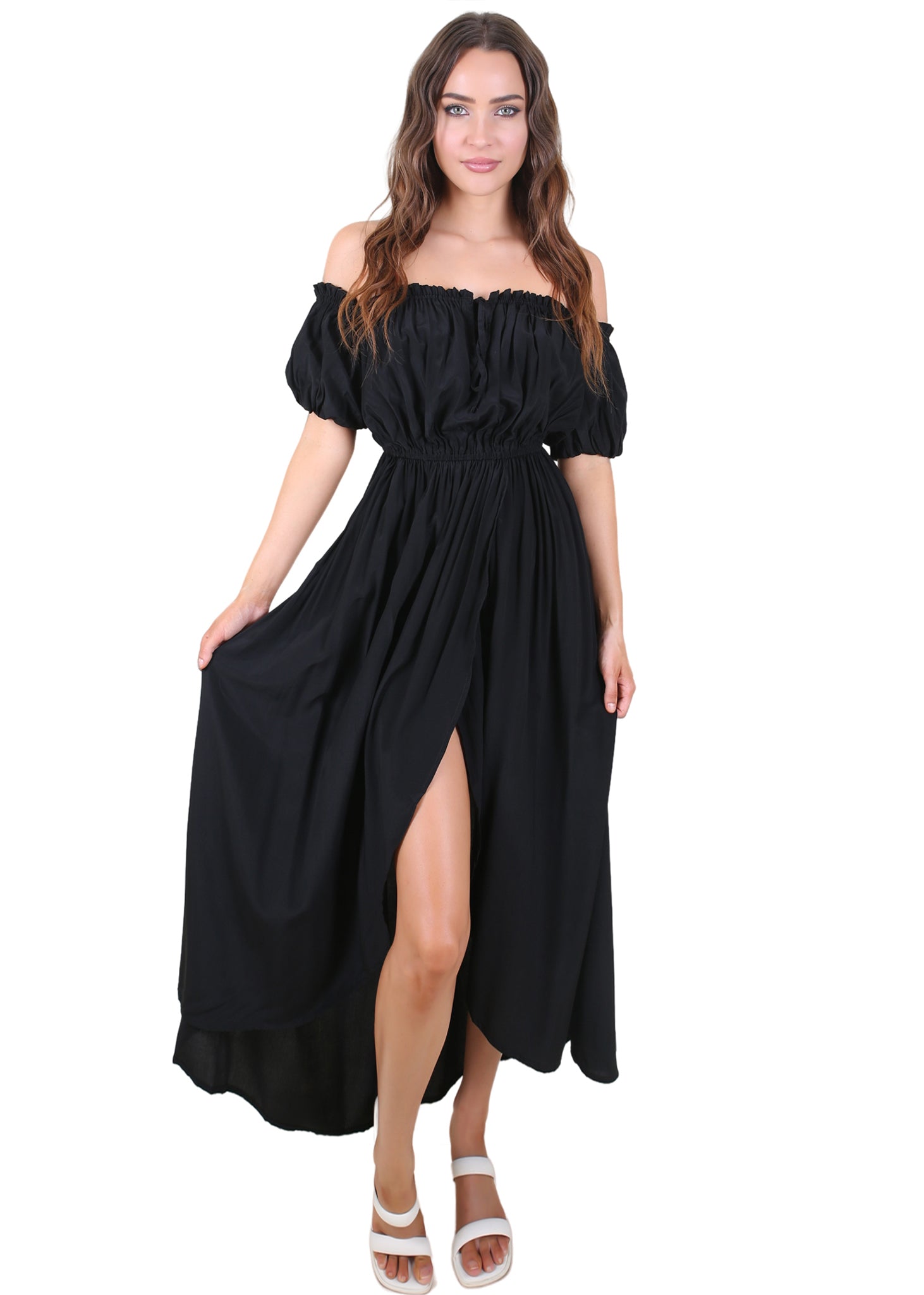 Anna-Kaci Mujeres Blanco Verano Otoño Renacimiento Vestidos Casual Boho Manga Linterna Hombros Descubiertos Vestido Largo Hada