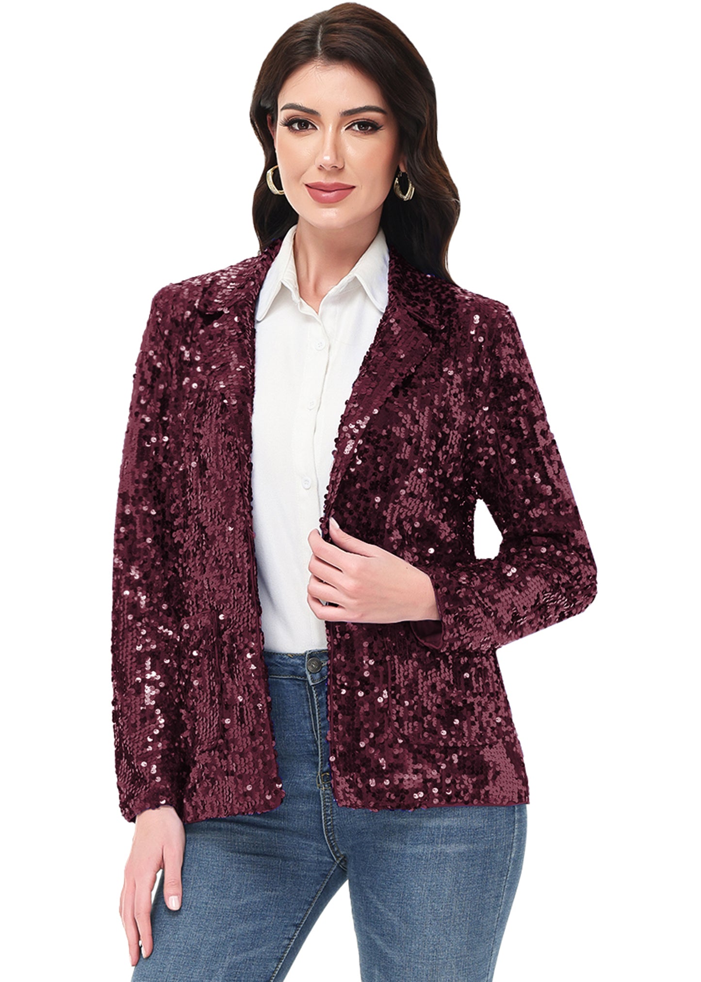 Chaqueta de lentejuelas para mujer de Anna-Kaci, chaqueta de fiesta con mangas largas y abertura frontal y brillo brillante