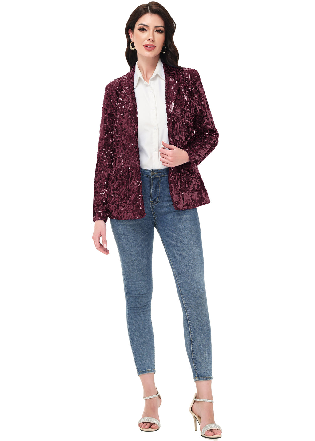 Chaqueta de lentejuelas para mujer de Anna-Kaci, chaqueta de fiesta con mangas largas y abertura frontal y brillo brillante