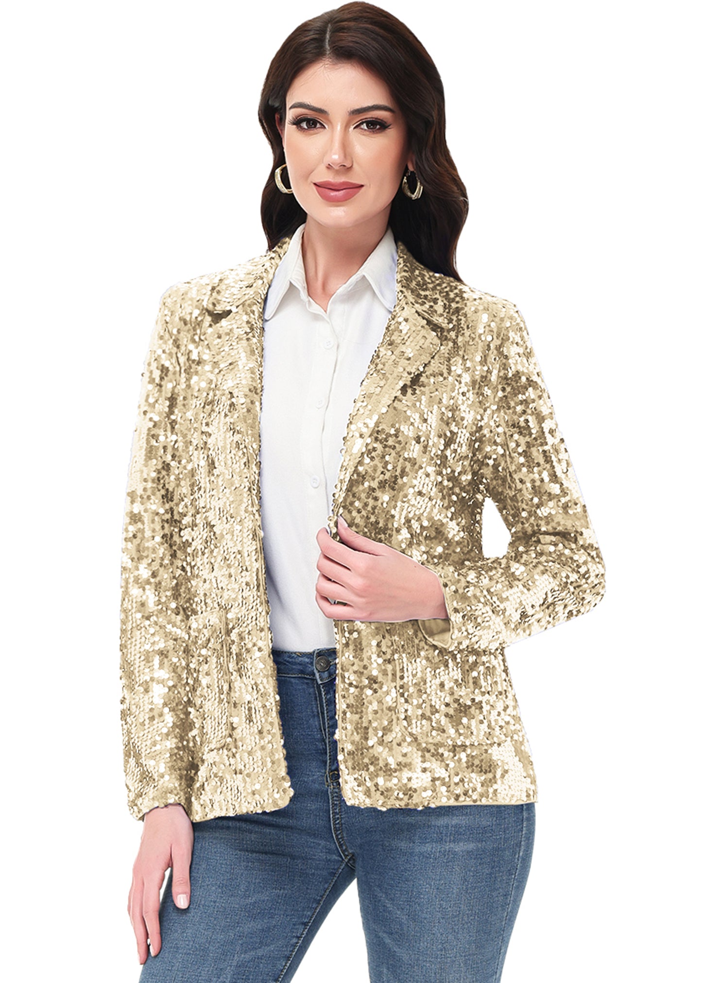 Chaqueta de lentejuelas para mujer de Anna-Kaci, chaqueta de fiesta con mangas largas y abertura frontal y brillo brillante