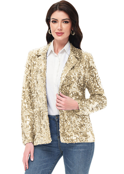 Chaqueta de lentejuelas para mujer de Anna-Kaci, chaqueta de fiesta con mangas largas y abertura frontal y brillo brillante