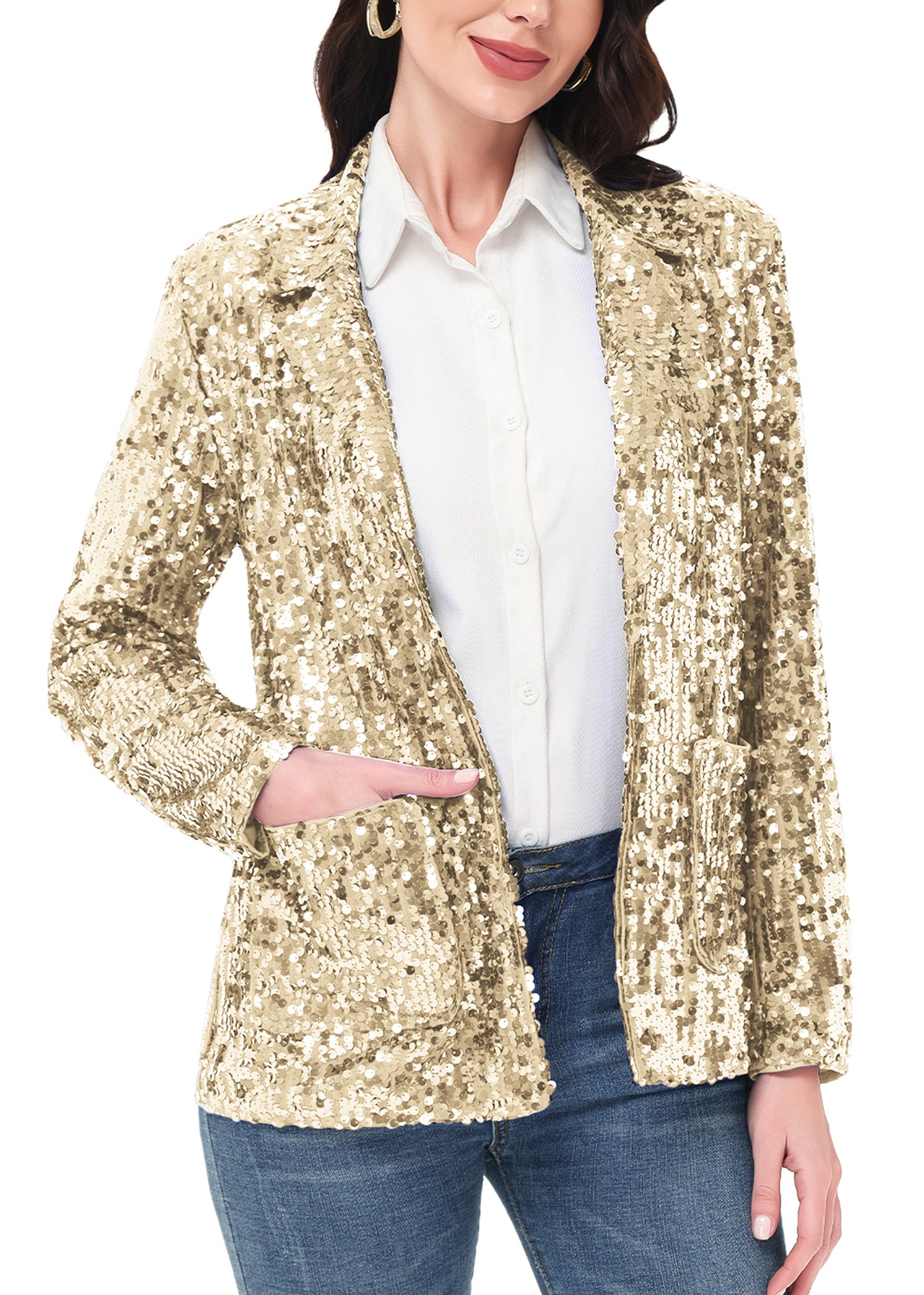 Chaqueta de lentejuelas para mujer de Anna-Kaci, chaqueta de fiesta con mangas largas y abertura frontal y brillo brillante