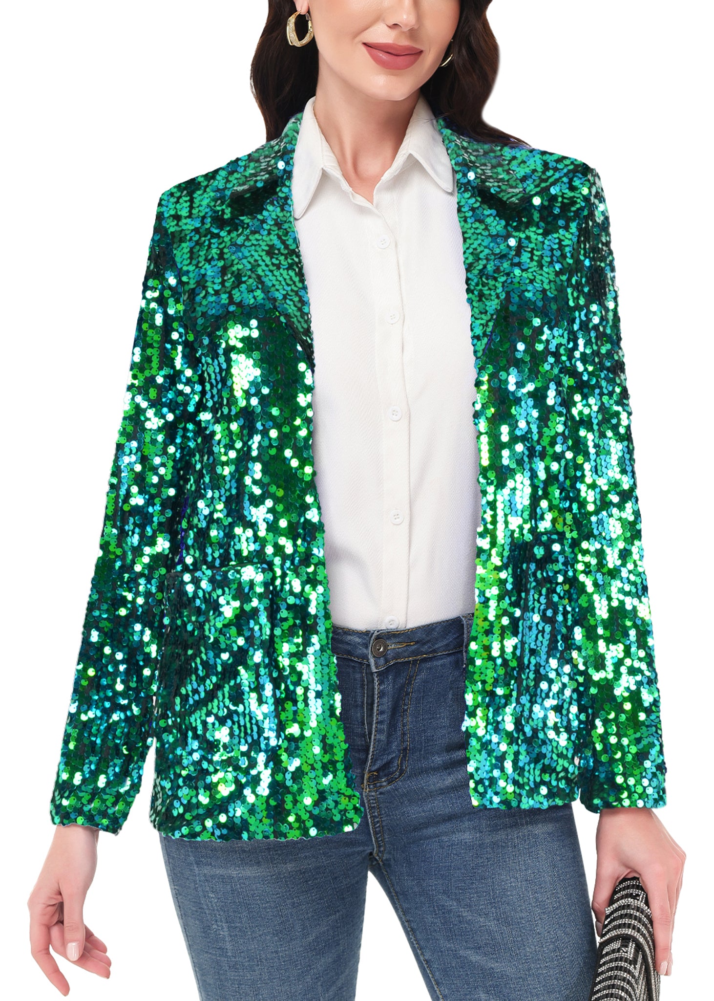 Chaqueta de lentejuelas para mujer de Anna-Kaci, chaqueta de fiesta con mangas largas y abertura frontal y brillo brillante