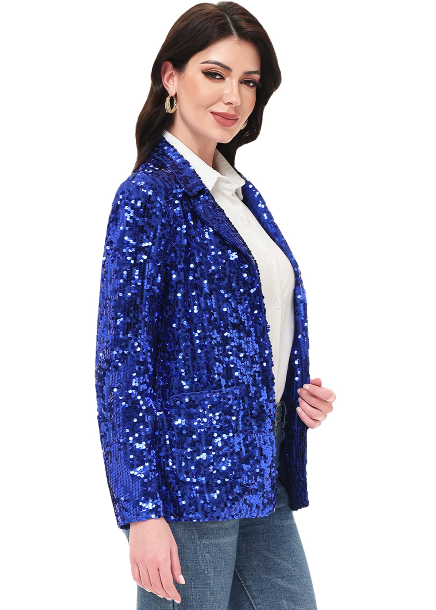 Chaqueta de lentejuelas para mujer de Anna-Kaci, chaqueta de fiesta con mangas largas y abertura frontal y brillo brillante