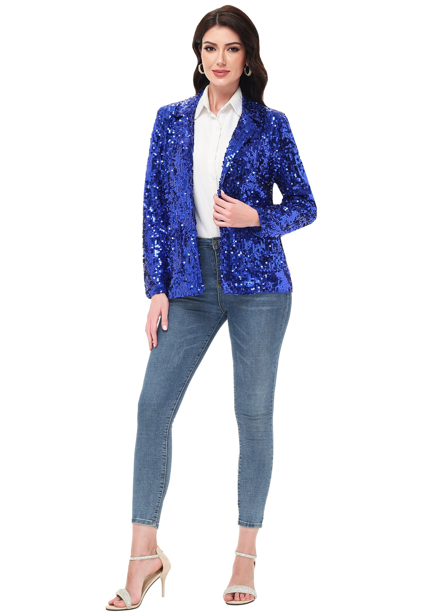 Chaqueta de lentejuelas para mujer de Anna-Kaci, chaqueta de fiesta con mangas largas y abertura frontal y brillo brillante
