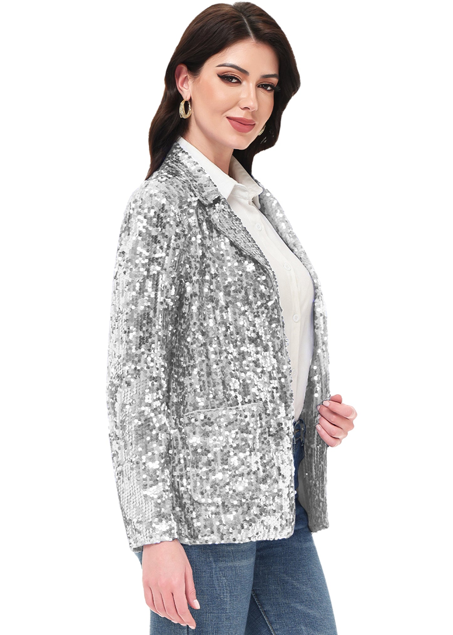 Chaqueta de lentejuelas para mujer de Anna-Kaci, chaqueta de fiesta con mangas largas y abertura frontal y brillo brillante