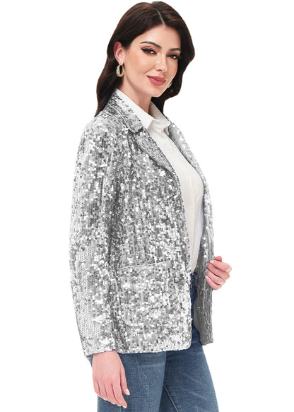 Chaqueta de lentejuelas para mujer de Anna-Kaci, chaqueta de fiesta con mangas largas y abertura frontal y brillo brillante