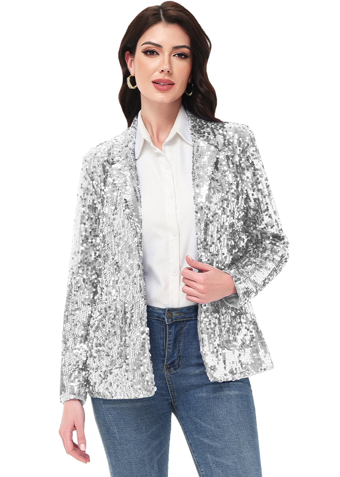Chaqueta de lentejuelas para mujer de Anna-Kaci, chaqueta de fiesta con mangas largas y abertura frontal y brillo brillante